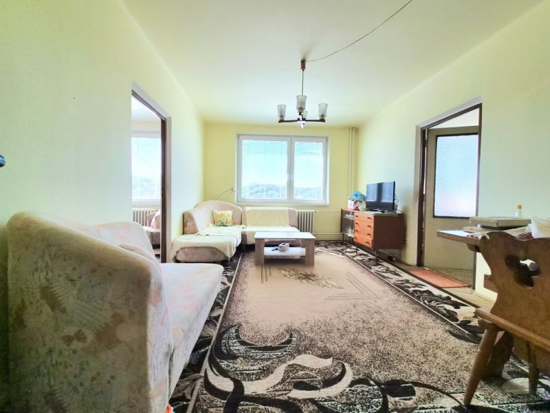 Living room in a 3-room apartment with sofas and carpets on a floor with a wooden decor.