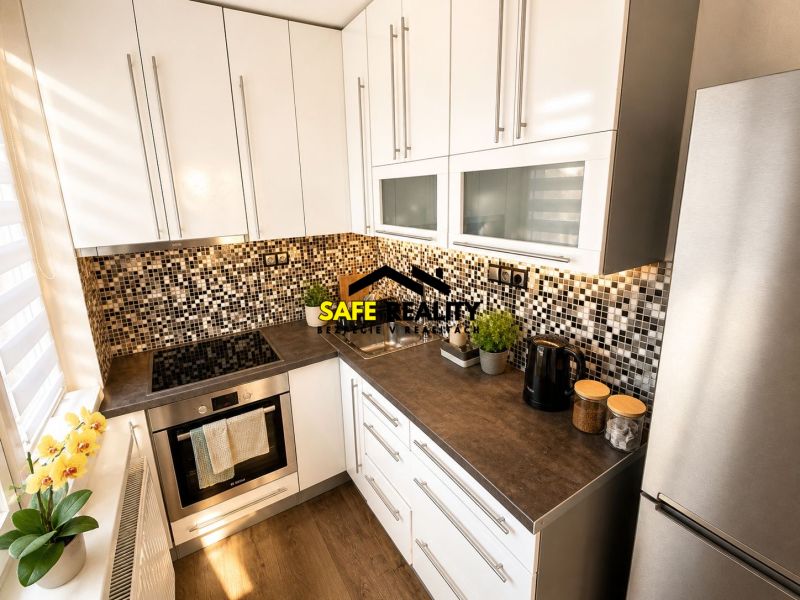 A kitchen in a 3-room apartment with white cabinets and a wood-patterned floor.