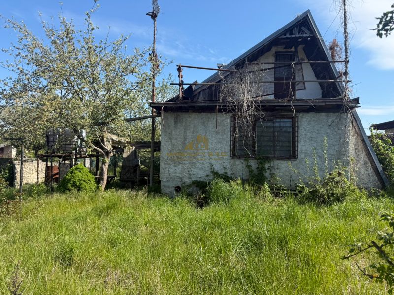 A cottage in Malacky with an overgrown garden, trees, and a neglected facade.