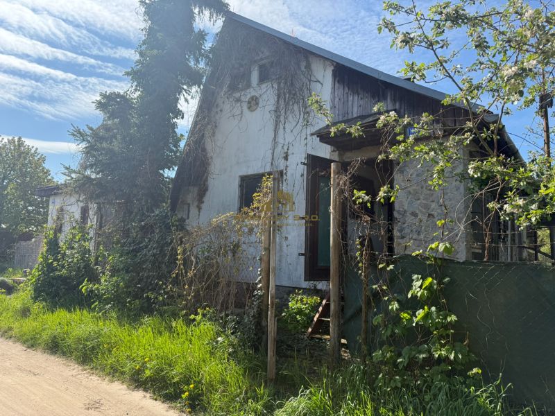 An abandoned cabin in the town of Malacky surrounded by greenery and trees.