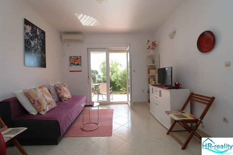 Interior of a family house with a sofa, television, and a view of the garden.