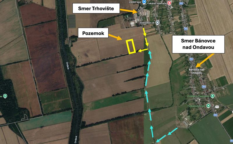 Aerial view of recreational lands near Trhovište, between fields and the Ondava River.