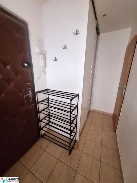 Entrance hallway in a one-room apartment with tiles and a shoe cabinet.