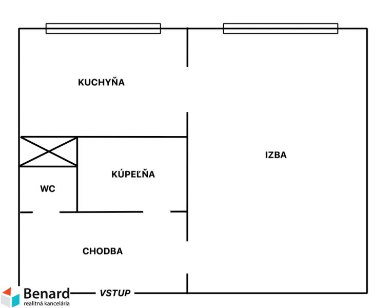 Floor plan of a 1-bedroom apartment with a kitchen, room, bathroom, toilet, and hallway.