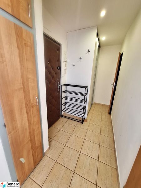 A hallway with lockers, coat racks, and a shoe cabinet in a studio apartment with tiled flooring.