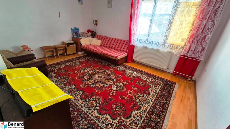 Living room in a family house with a carpet and wood-patterned flooring.