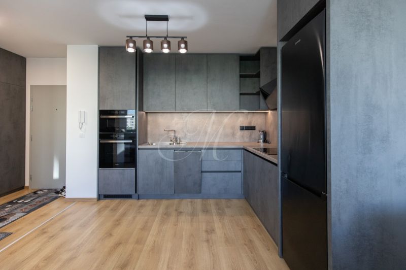 A kitchen in a 2-room apartment with dark furniture and a wooden decor floor.