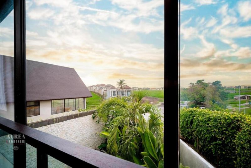 View from the villa in Bali with palm trees and green landscape.