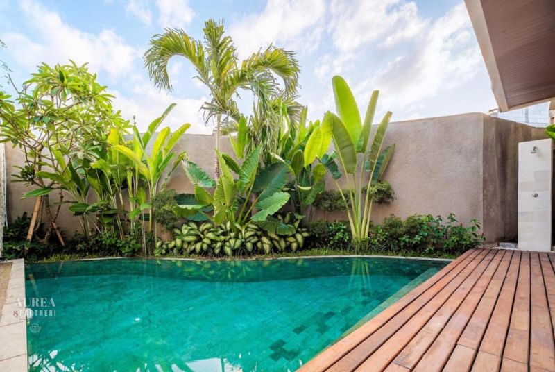Villa in Bali with a pool surrounded by greenery and a shower on a wooden terrace.
