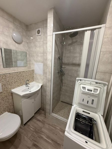 A bathroom in a studio apartment with a sink, shower, and washing machine.