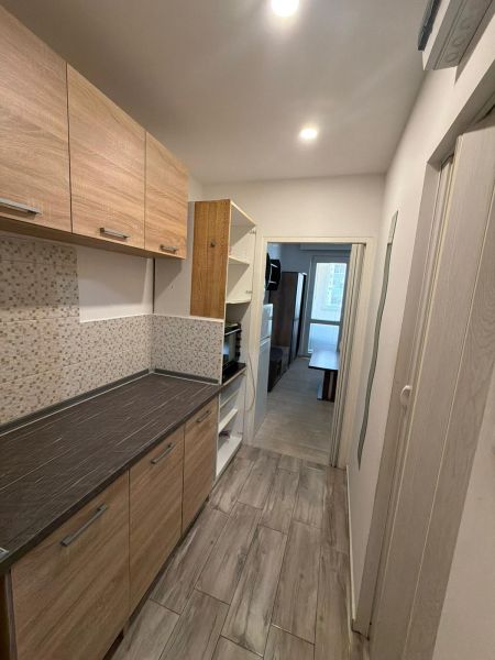 A narrow kitchen area with wooden decor in a studio apartment.