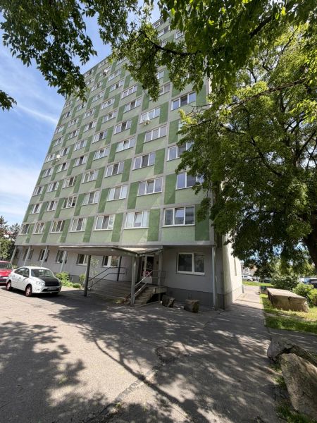 Greenery and a block of flats in Bratislava - Petržalka, suitable for living in a studio apartment.