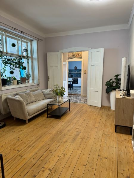 Living room in a family house with a wooden decor floor, plants, and a sofa.