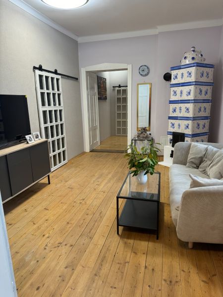 Living room in a family house with a stove and a wooden-patterned floor.