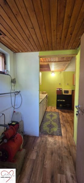 Interior of a cabin with a kitchen, wooden decor flooring, and furnishings.