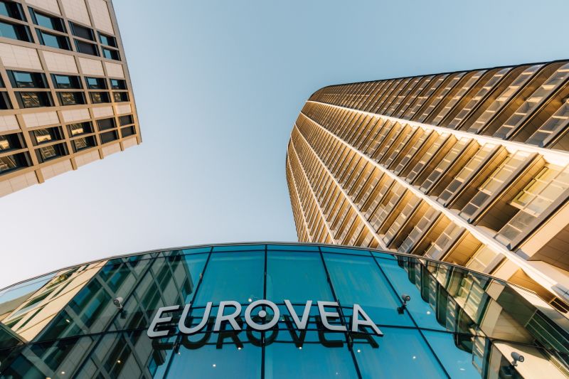 View of the Eurovea building on Pribinova in Bratislava, facade and glass construction.