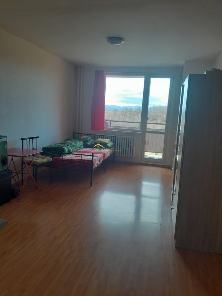 Studio apartment with a sofa, wooden floor, and a view through a large window.