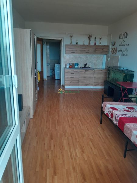 Studio apartment with wood-patterned flooring, a kitchen unit, and an aquarium in the corner.