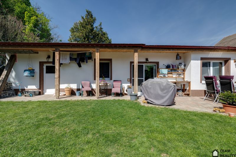 A family house in Potzneusiedl with a lawn, terrace, and outdoor seating.