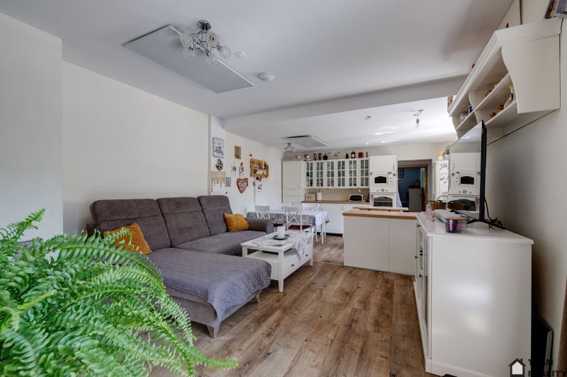 Living room with a kitchen in a family house, with a wooden decor floor and beautiful greenery.