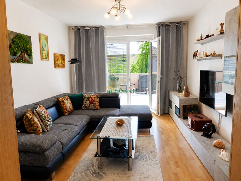 Living room in a two-room apartment with a wooden decor floor and a large sofa.