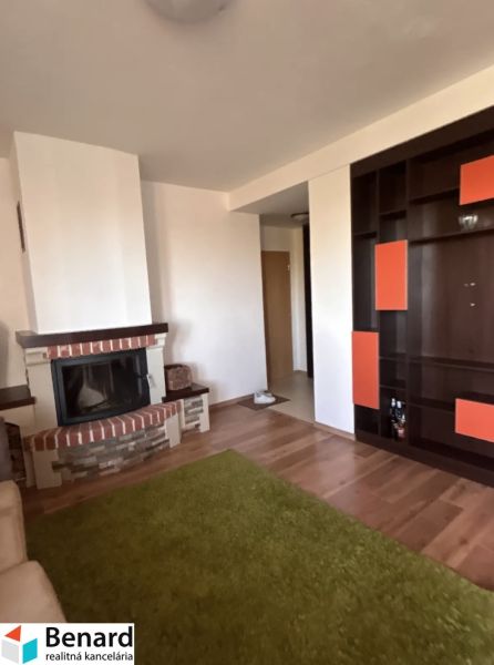 Living room with a fireplace, shelving system, and wood-patterned flooring.