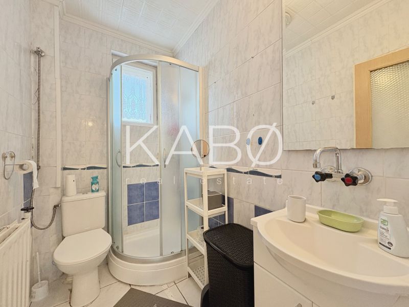Bathroom in a family house with a toilet, shower, and sink.