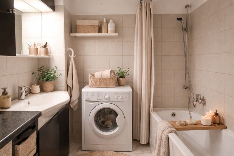 Bathroom with shower, washing machine, sink, and decorations in a 4-room apartment.