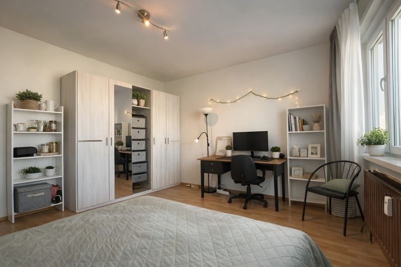 Bedroom with a desk, wardrobes with wooden decor in a 4-room apartment.