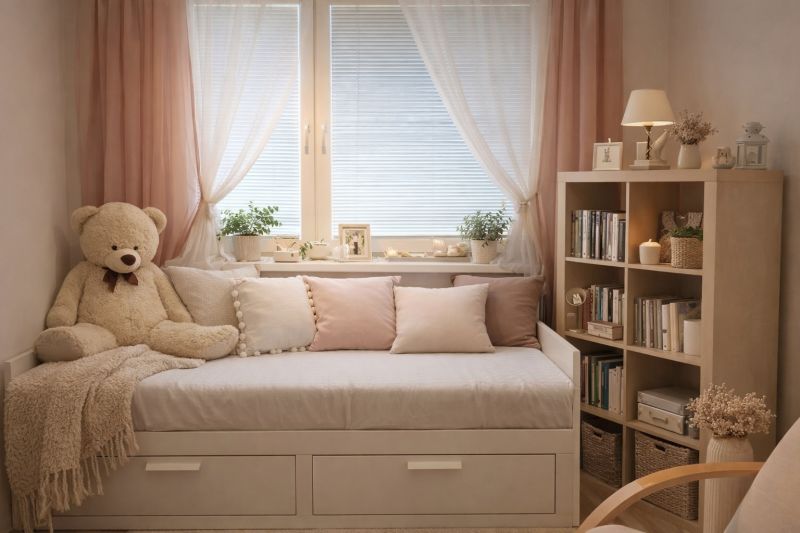 A place to relax in a 4-room apartment with a plush bear and a shelf full of books.