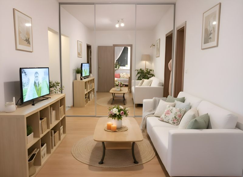 Living room in a 4-room apartment with a comfortable sofa and a mirrored wardrobe.