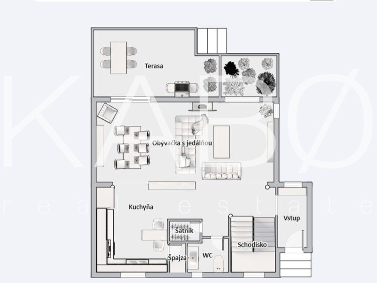 Floor plan of a family house with a terrace, kitchen, living room, dining room, closet, and toilet.