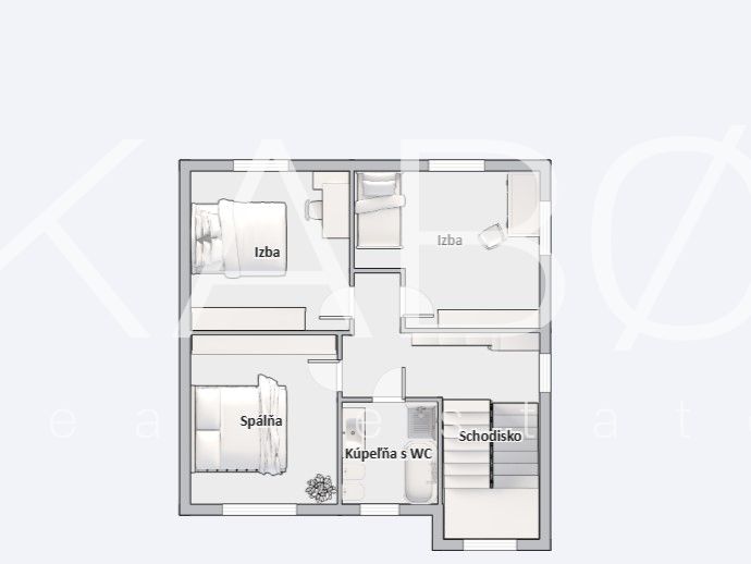 Floor plan of a family house: three rooms, bathroom with toilet, staircase.