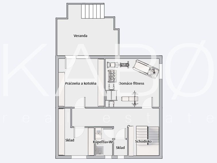 The floor plan of the family house includes a veranda, a home gym, a laundry room, and a storage room.