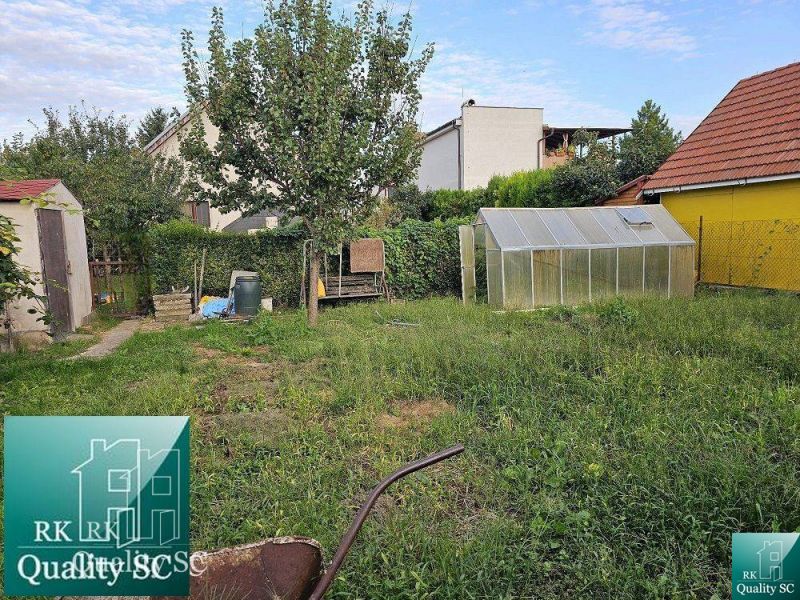 A garden of a family house in Tureni with a lawn, a tree, a greenhouse, and an adjacent building.