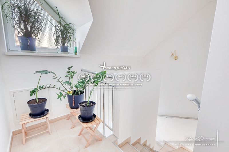 Interior of a family house with plants on the staircase, white walls, and a window.