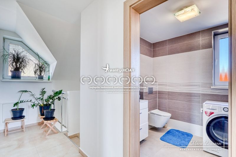 Bathroom in a family house with plants, tiles, and a washing machine, bright and elegant environment.