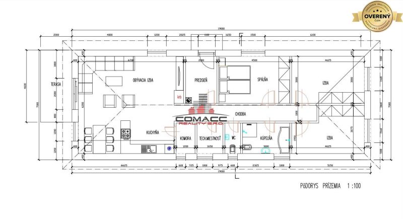The ground floor plan of the family house with a terrace includes a living room and a kitchen.