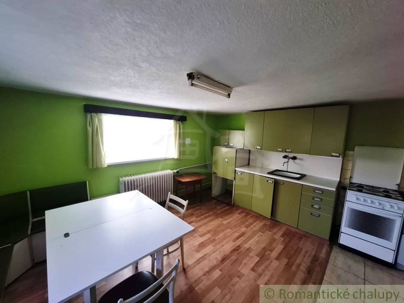A kitchen in a family house with green cabinets and a wooden decor floor.