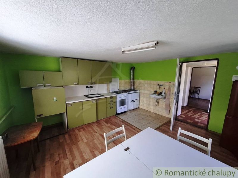 A kitchen in a family house with a wooden decor floor and green cabinets.
