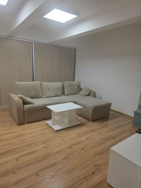 1-bedroom apartment with a corner sofa, table, and floor with a wooden decor.