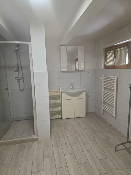 Bathroom with a shower, sink, and floor with a wood decor in a studio apartment.