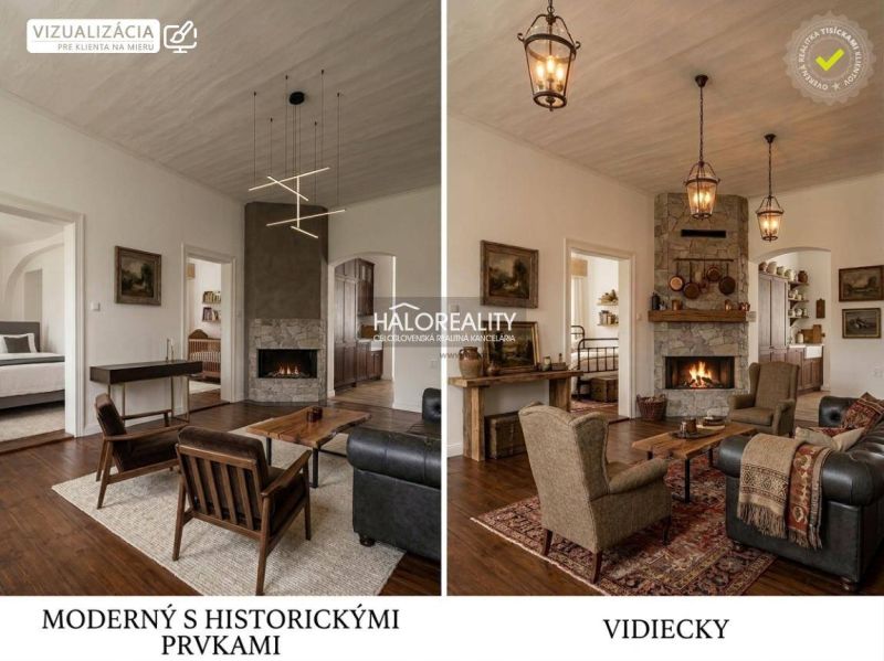 Double visualization of a living room with a fireplace and wood-patterned flooring.