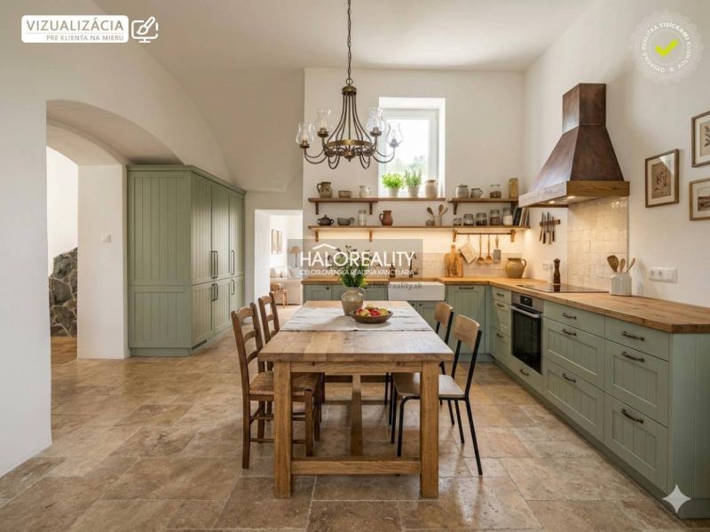 A kitchen in a 3-room apartment with a dining table and vintage kitchen decor.