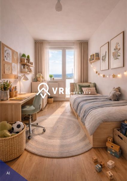 Children's room with a desk, bed, and decorations in a 4-room apartment.