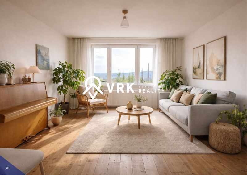 Living room in a 4-room apartment with a piano and a wooden decor floor.