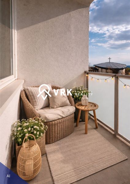 A balcony of a 4-room apartment with rattan furniture and decorations in a pleasant style.