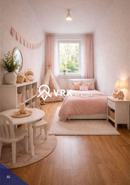 Children's room with pink accessories, a table, and a tent, floor with wooden decor.