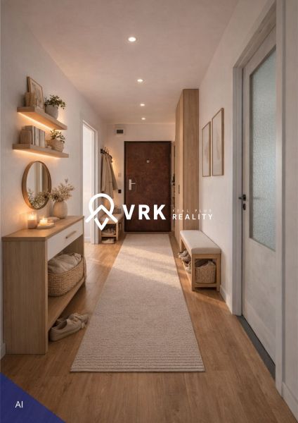 Entrance hall with a mirror, shelves, and a floor with a wooden decor in a 4-room apartment.