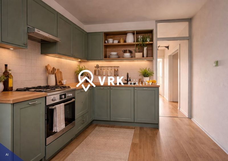 A kitchen in a 4-room apartment with a wooden decor floor and green cabinets.